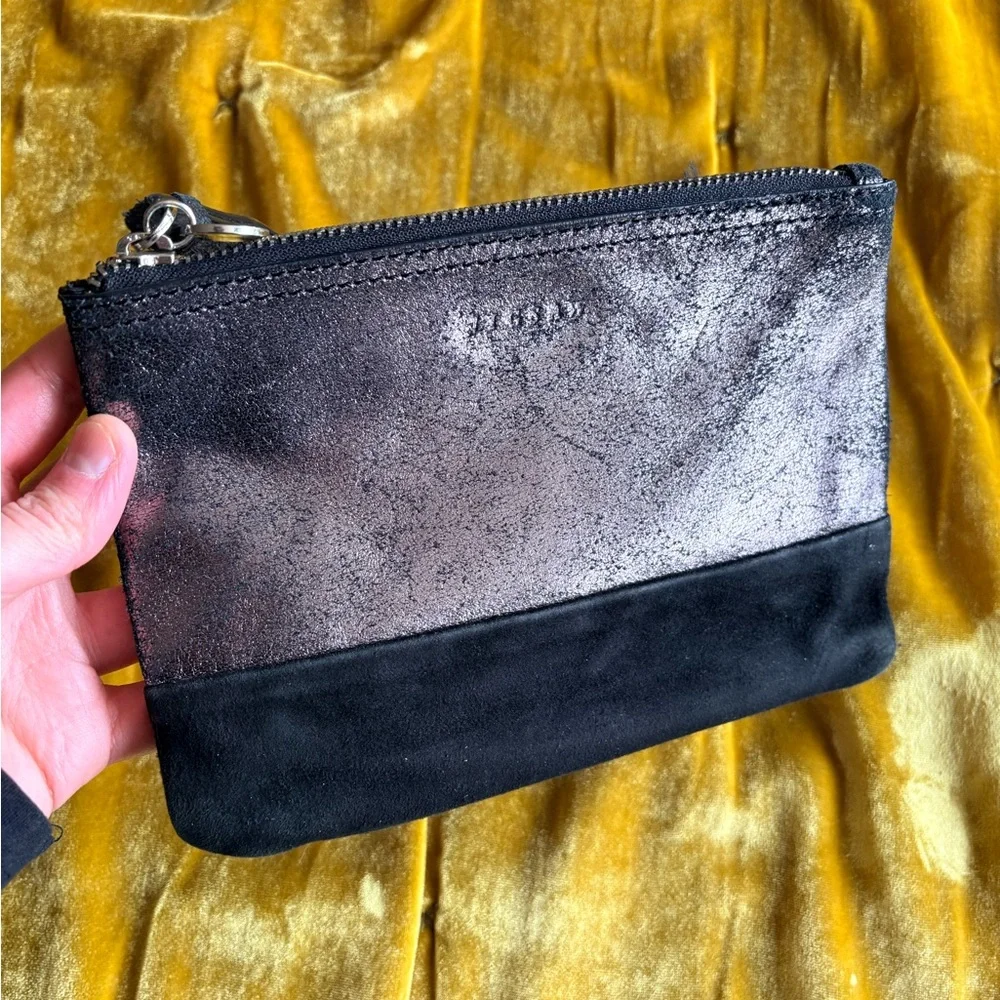 Jigsaw Metallic Pewter and Black Suede Leather Wristlet Zipper Pouch